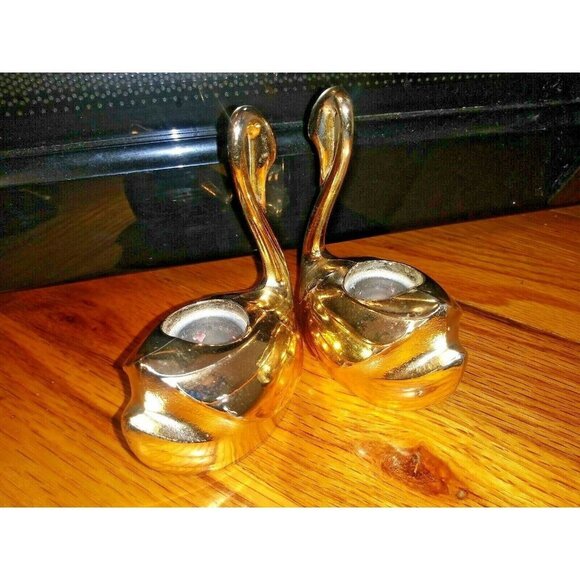 Set Of 2 Swan Candle Holders JAPAN gold tone metal 4"x3.5" EUC - Picture 9 of 12